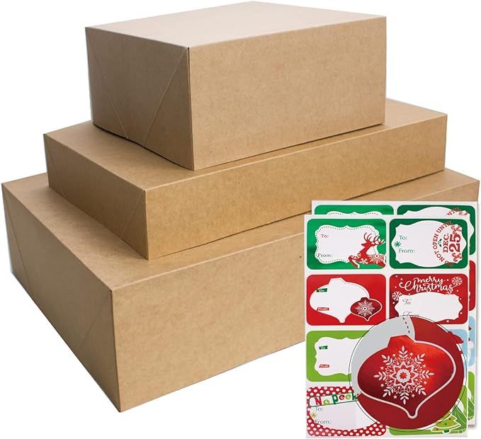 12 Rustic Kraft Gift Boxes with Lids for wrapping Large Clothes and 80 Count Foil Christmas Tag S... | Amazon (US)