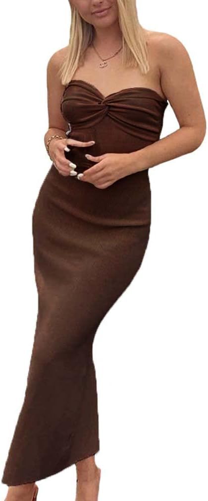 Sdencin Women Sexy Twist Knot Front Ribbed Knit Bodycon Bandeau Tube Dress Casual Solid Strapless... | Amazon (US)