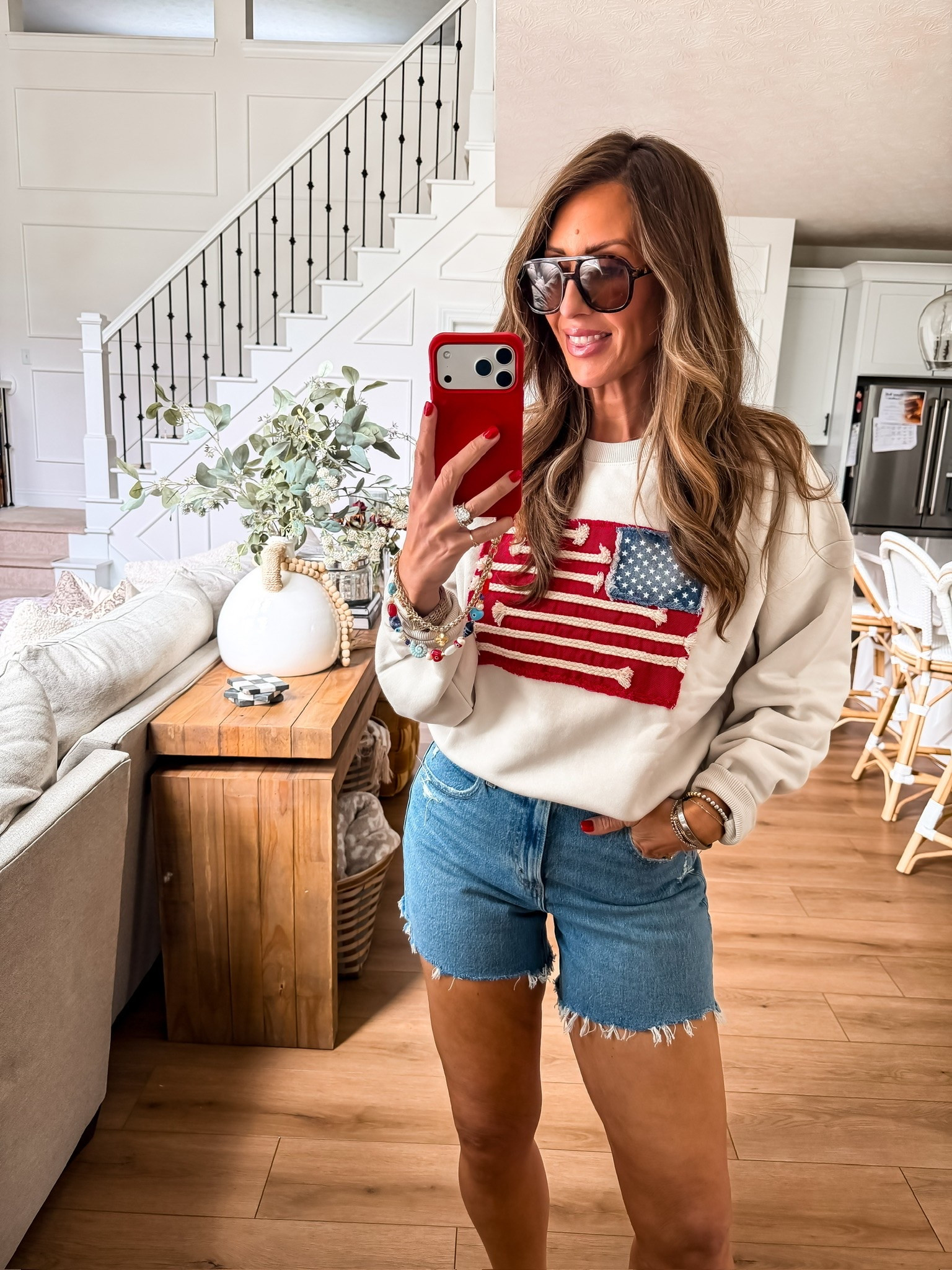 I love this America flag crewneck for summer and the Fourth of July! The perfect piece to throw over a swimsuit or wear around the house. These are my favorite shorts from Abercrombie!

Denim shorts, easy summer outfit, vintage sweatshirt, themominstyle

#LTKootd #LTKxAbercrombie #LTKSeasonal
