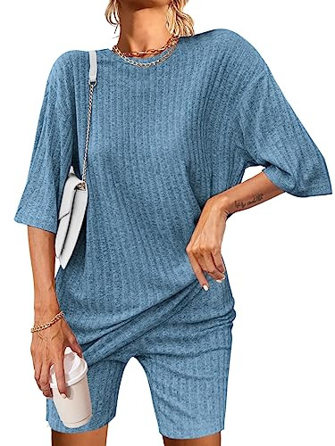 Ekouaer Pajamas 2 Piece Lounge Sets Ribbed Knit Matching Outfits T-shirt Biker Shorts Sleepwear L... | Amazon (US)