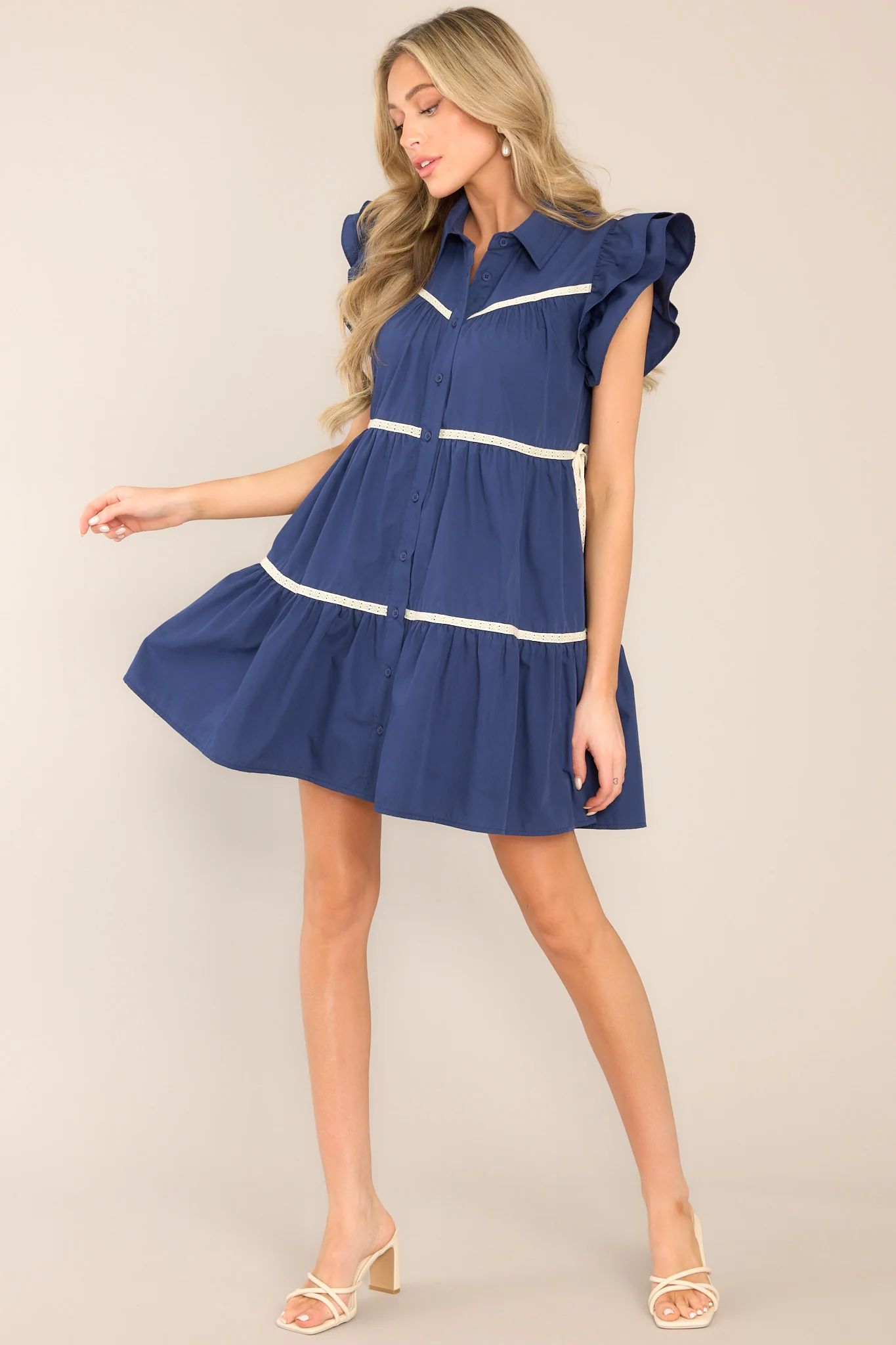 Celebrate Life Navy Tiered Button Front Mini Dress | Red Dress