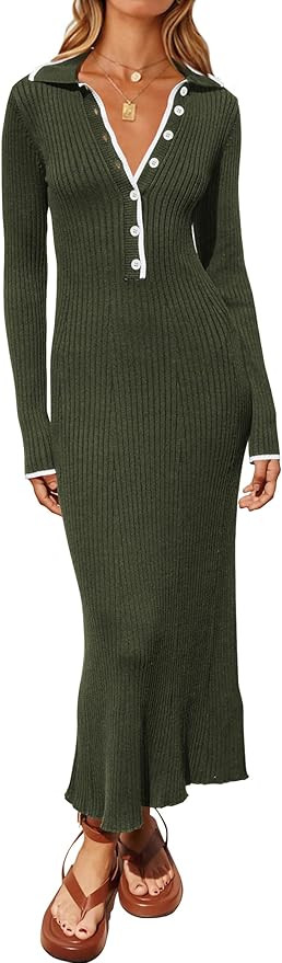 MASCOMODA Women Fall Long Sleeve V Neck Sweater Dress Casual Lapel Button Up Slim Fit Ribbed Knit... | Amazon (US)