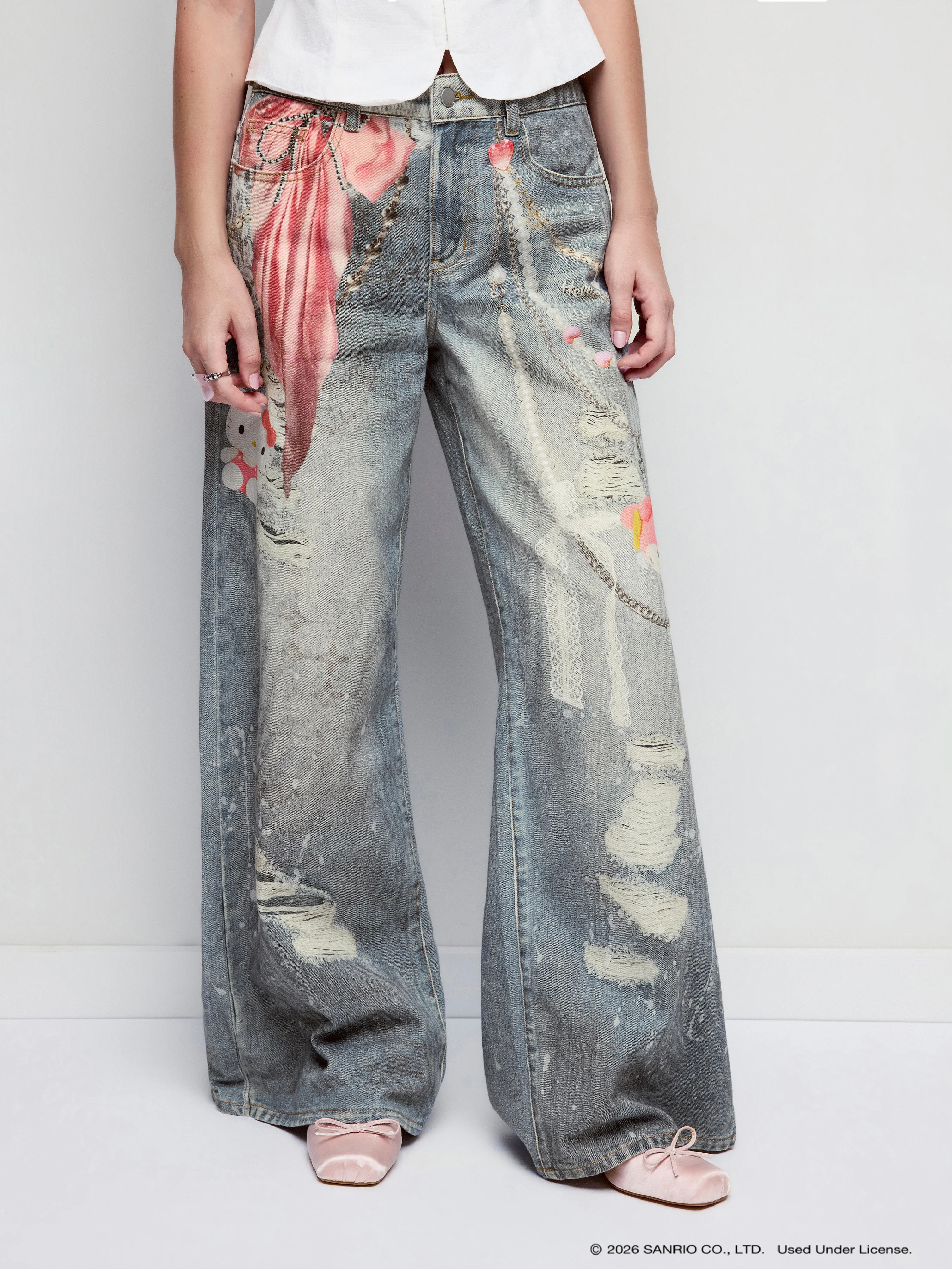 Denim Pink Personality Low-Rise Graphic Distressed Wide Leg Jeans For School Daily Casual | Cider