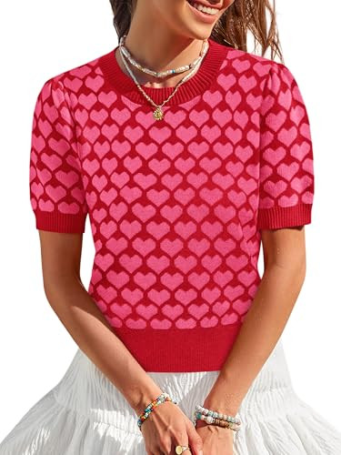 Women Puff Short Sleeve Sweater Casual Cropped Knit Shirts Cute Heart Holidays Graphic Print Pull... | Amazon (US)