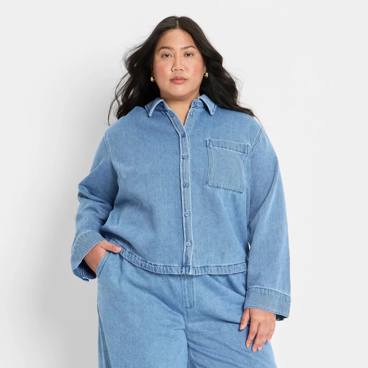 Women's Relaxed Denim Button-Down Shirt - Future Collective Light Blue 1X | Target