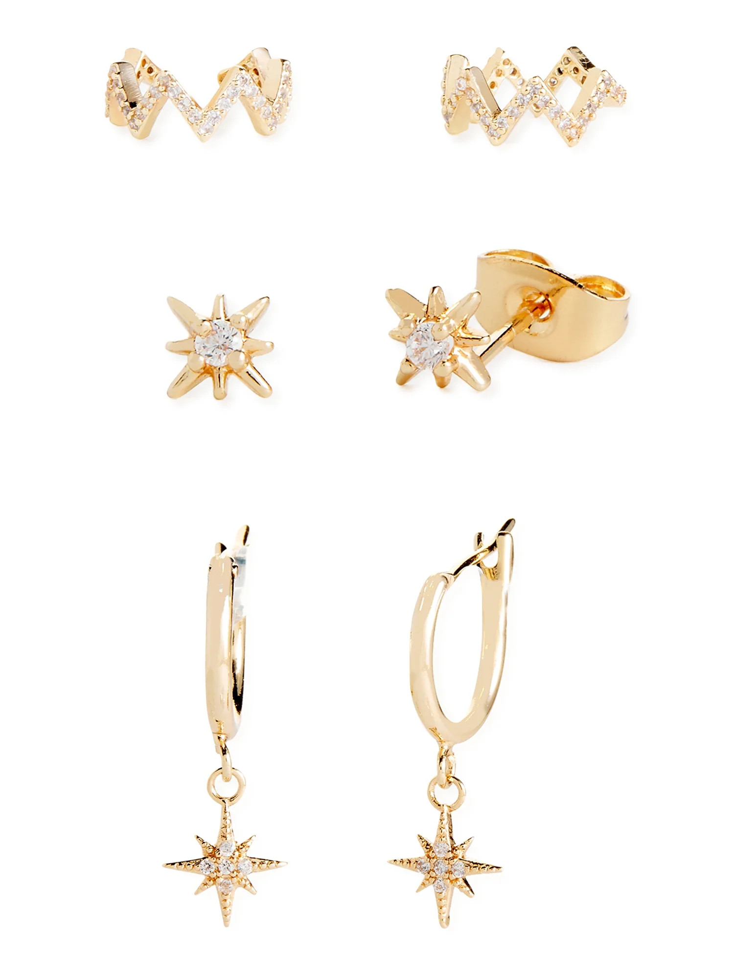 Scoop Womens 14K Gold Flash-Plated Cubic Zirconia Star, Cuff and Star Huggie Hoop Earring Set, 3-... | Walmart (US)