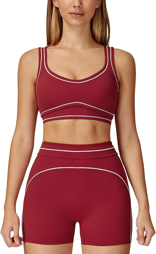 ABOCIW Womens Workout Sets Color Block Sports Bra Matching High Waist Shorts 2 Piece Gym Yoga Pil... | Amazon (US)