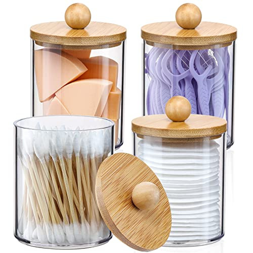 4 Pack Qtip Holder Dispenser with Bamboo Lids - 10 oz Clear Plastic Apothecary Jar Containers for... | Amazon (US)