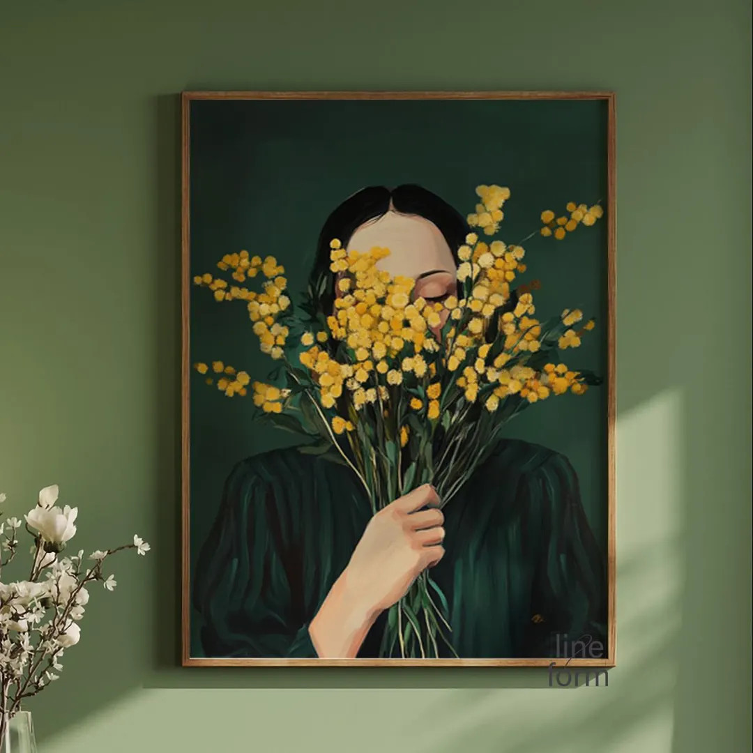 Emerald Green Abstract People Art, Woman With Flowers Minimal Japandi Female Abstract Painting, F... | Etsy (US)