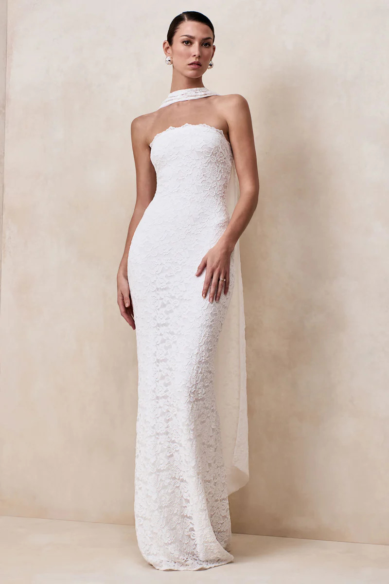Massima  White Lace Bandeau Maxi Dress With Scarf-Detail | Club L London