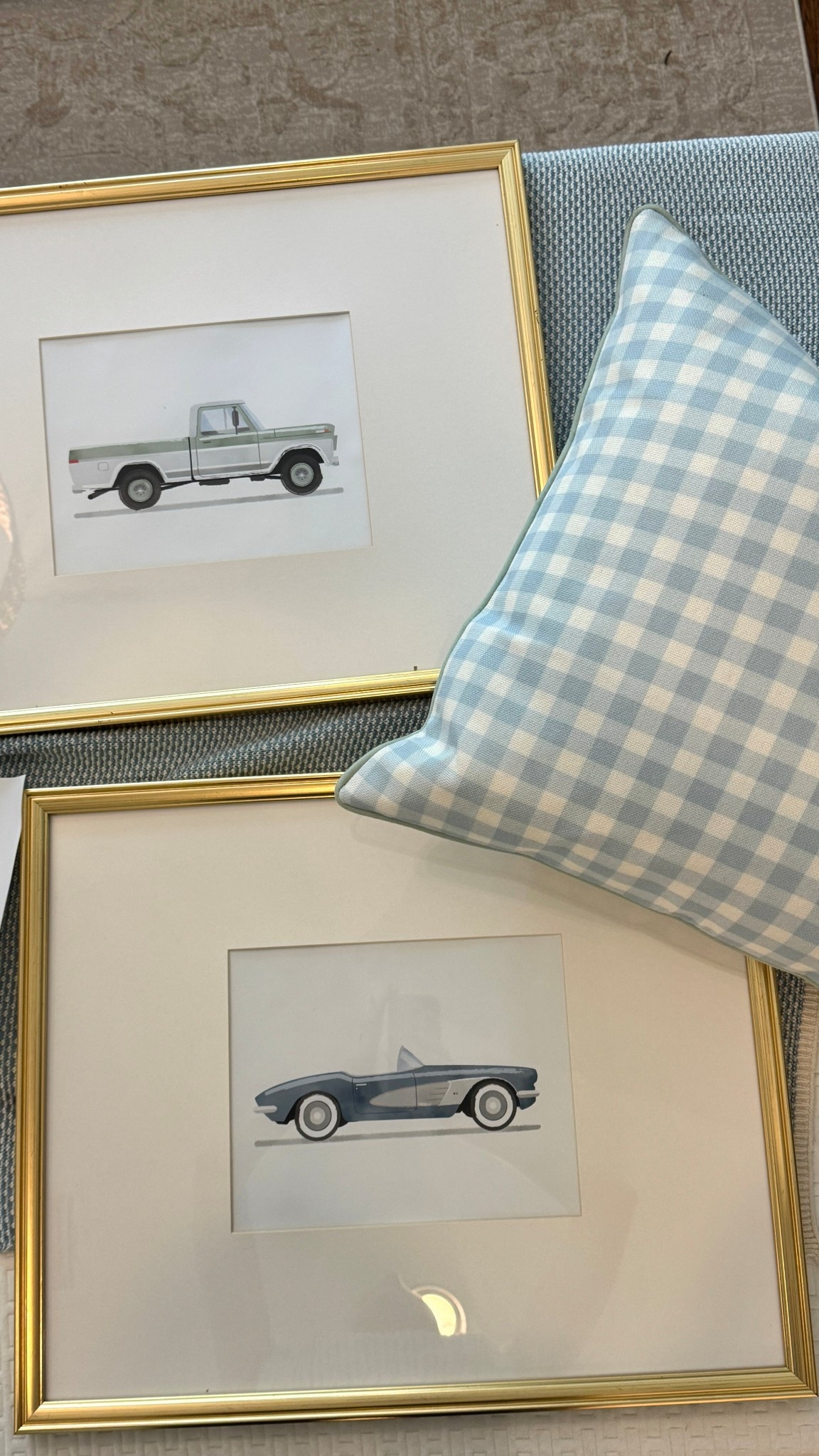 Cutest car prints and gingham pillow for little boys room