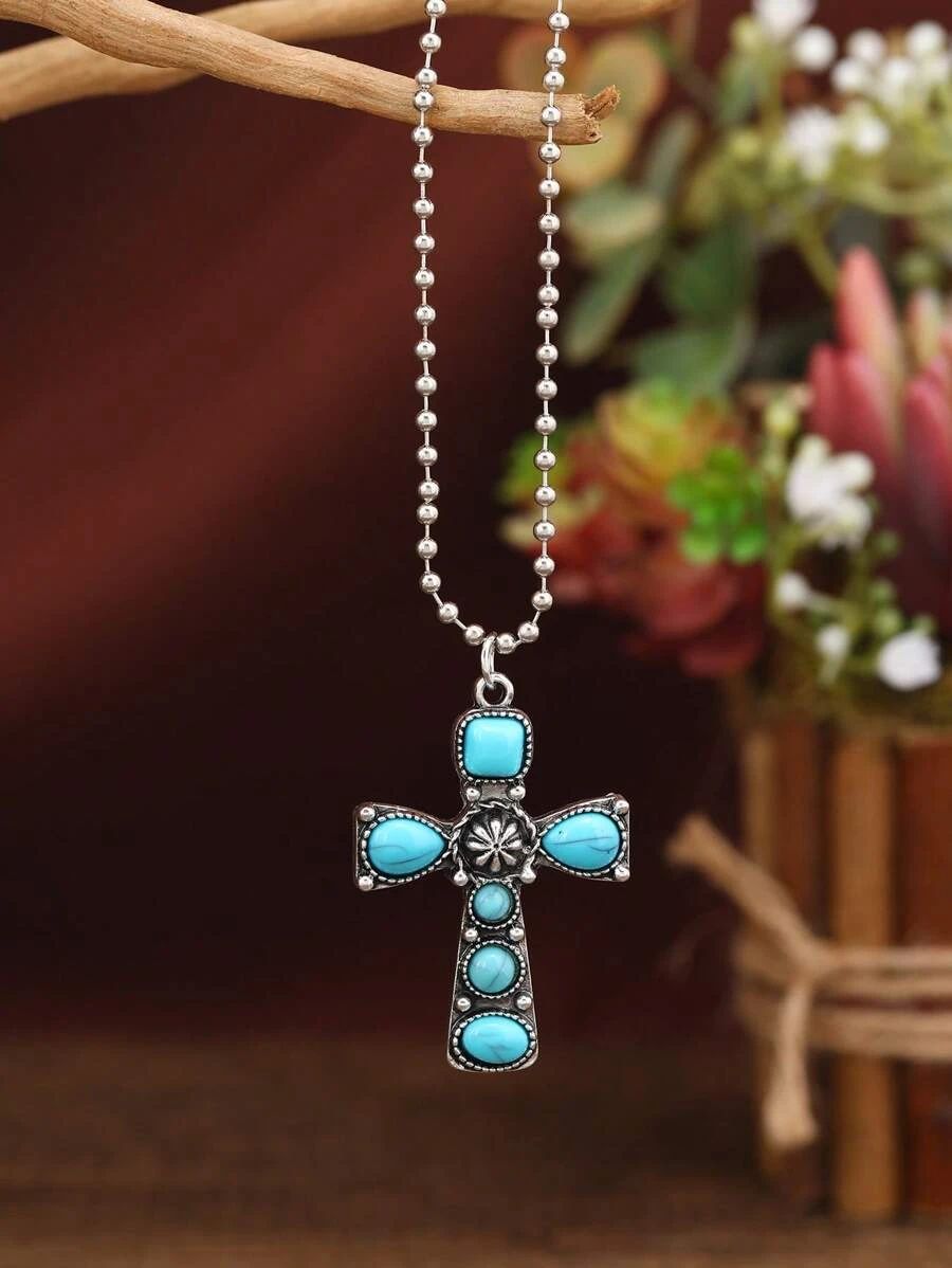 Turquoise Decor Cross Charm Necklace | SHEIN