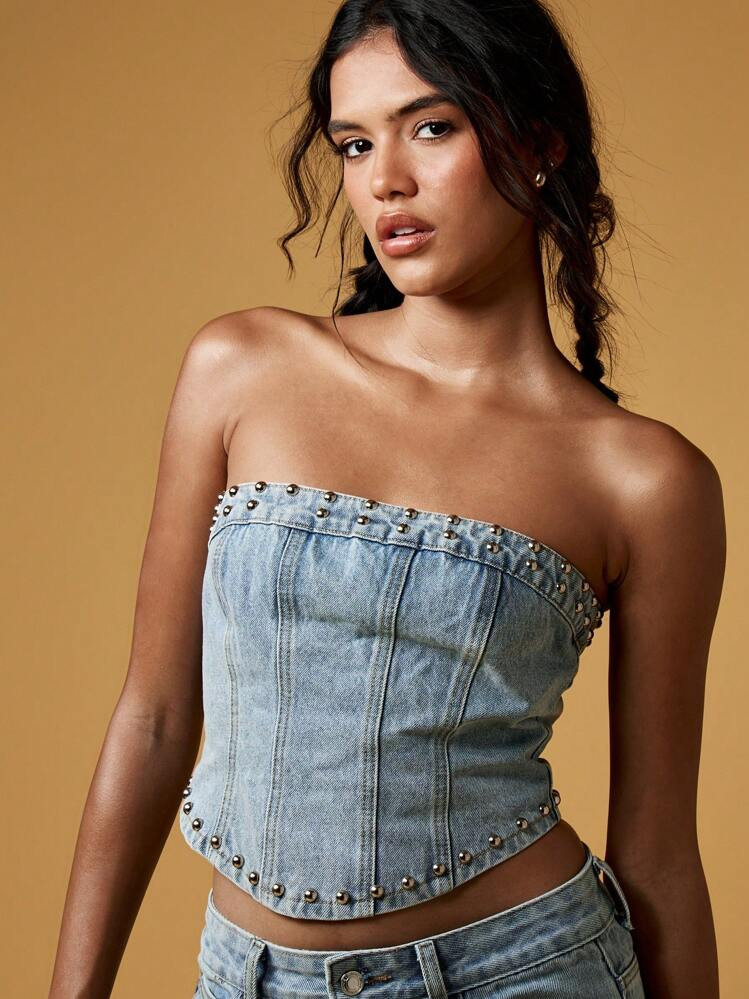 MISSGUIDED Studded Denim Bandeau Corset Top Festival Clubwear Y2K Retro Streetwear Western Cowgir... | SHEIN