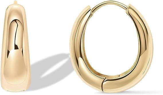 PAVOI 14K Gold Plated Sterling Silver Post Small Chunky Hoops Earrings | Thick Lightweight Gold H... | Amazon (US)
