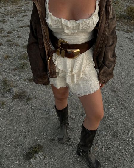 White mini dress, leather jacket, festival outfit, Coachella outfit, stagecoach outfit 

#LTKFestival #LTKSeasonal #LTKstyletip