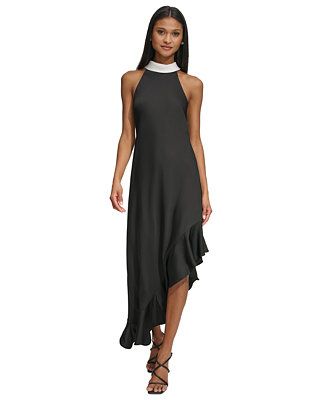 KARL LAGERFELD PARIS Women's Satin Crepe  Asymmetrical-Hem Midi Dress - Macy's | Macy's