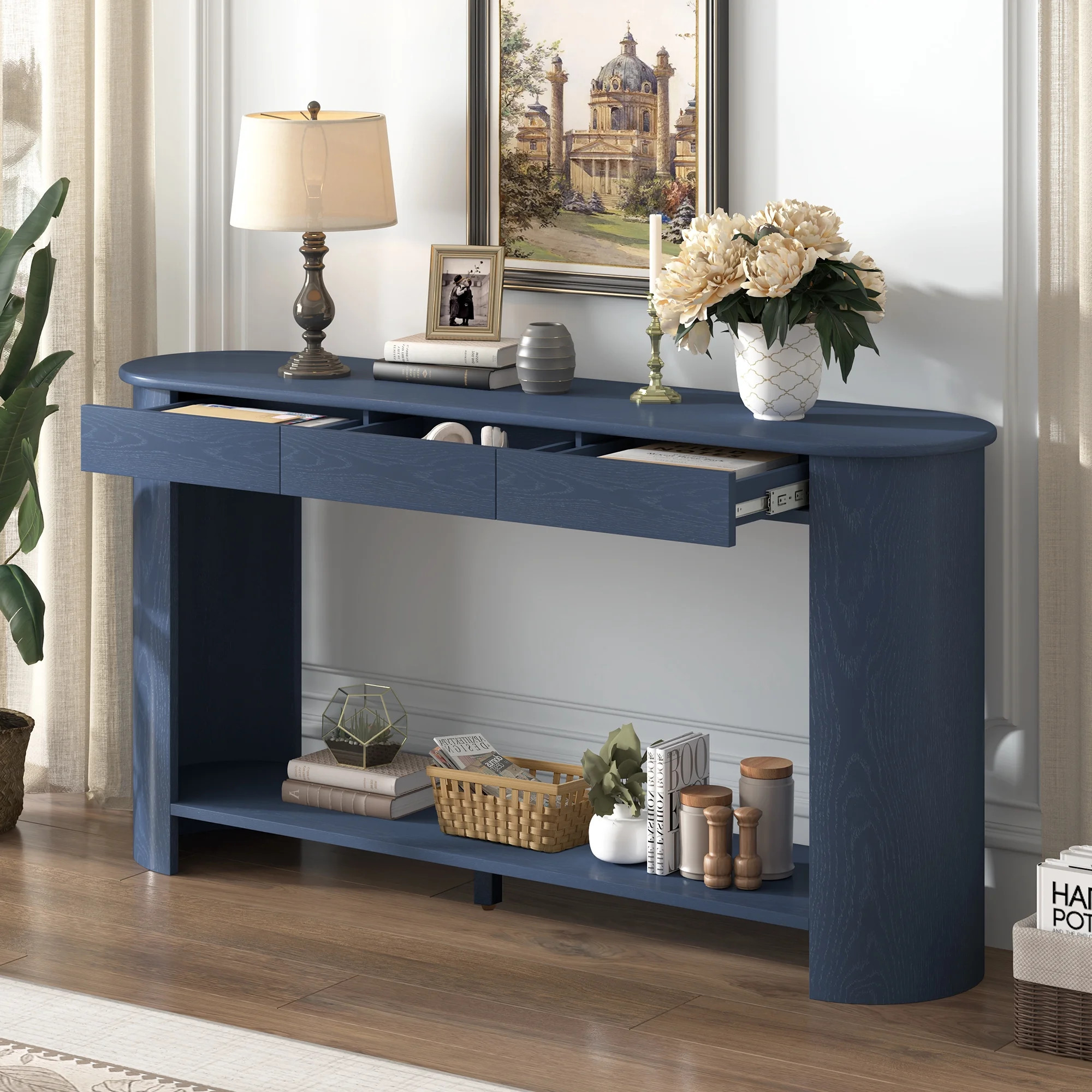 Euroco 59.8" Long Console Table with 3 Drawers, Solid Wood Sofa Table Entryway Table with Bottom Shelf for Living Room,Hallway,Entryway, Foyer,Navy Blue - Walmart.com | Walmart (US)