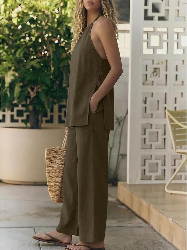 UNCOOYEE Womens 2 Piece Linen Outfits Halter Neck Sleeveless Side Split Top Wide Leg Pants Set Ca... | Amazon (US)