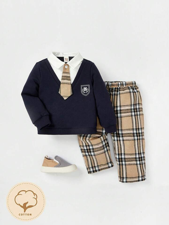 Cozy Cub Baby Boy Plaid Print Tie Front 2 In 1 Pullover & Pants | SHEIN