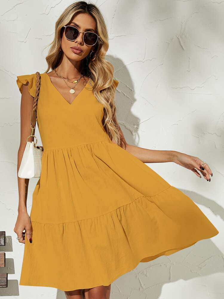 Butterfly Sleeve Solid Smock Dress | SHEIN