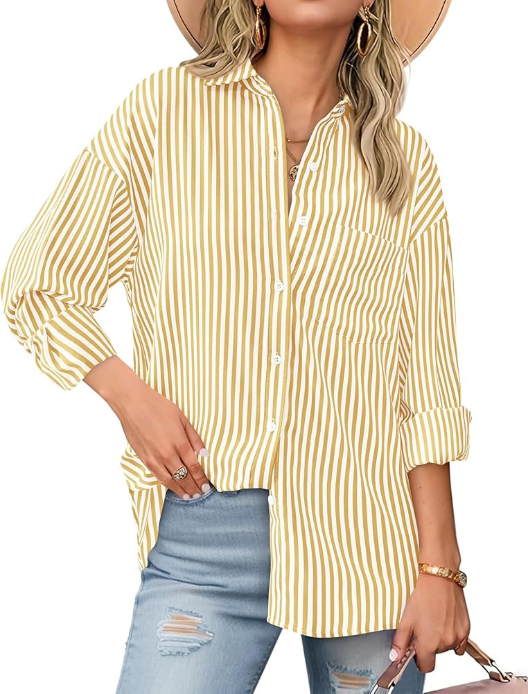 BTFBM Womens Button Down Shirts Striped Shirt Long Sleeve Casual Collared Office Work Loose Fit B... | Amazon (US)
