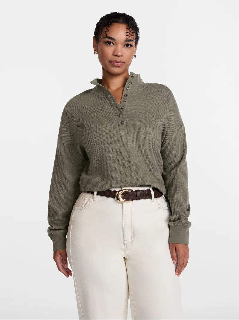 Scenario Women's and Women's Plus Waffle Knit Button Top with Long Sleeves, Sizes XS-4X | Walmart (US)