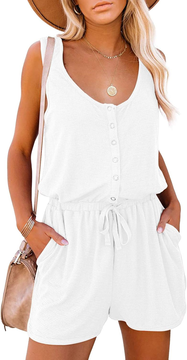 Mafulus Women's Summer Scoop Neck Sleeveless Button Down Jumpsuit Rompers Adjustable Waist Short ... | Amazon (US)