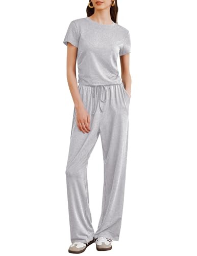 Cnlinkco Travel Outfit Summer Outfits for Women 2024 Trendy Comfy Short Sleeve Tops and High Waisted Wide Leg Pants Casual Tracksuit Sets Light Grey Large | Amazon (US)