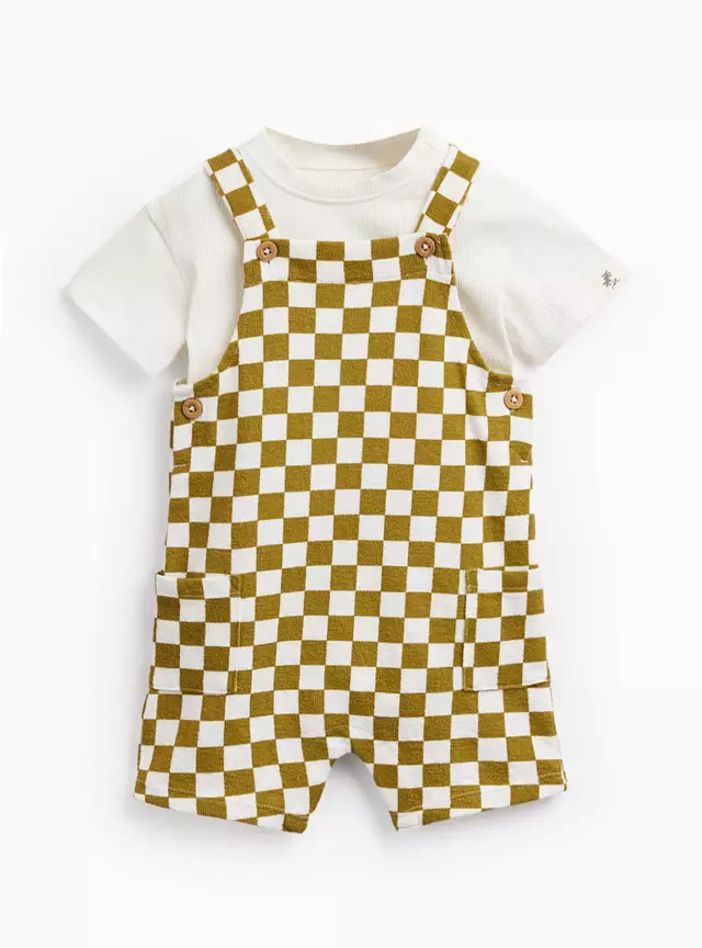 Buy Khaki Checkerboard Print Dungarees & Bodysuit Set 6-9 months | Baby Holiday Clothes | Tu | Tu Clothing