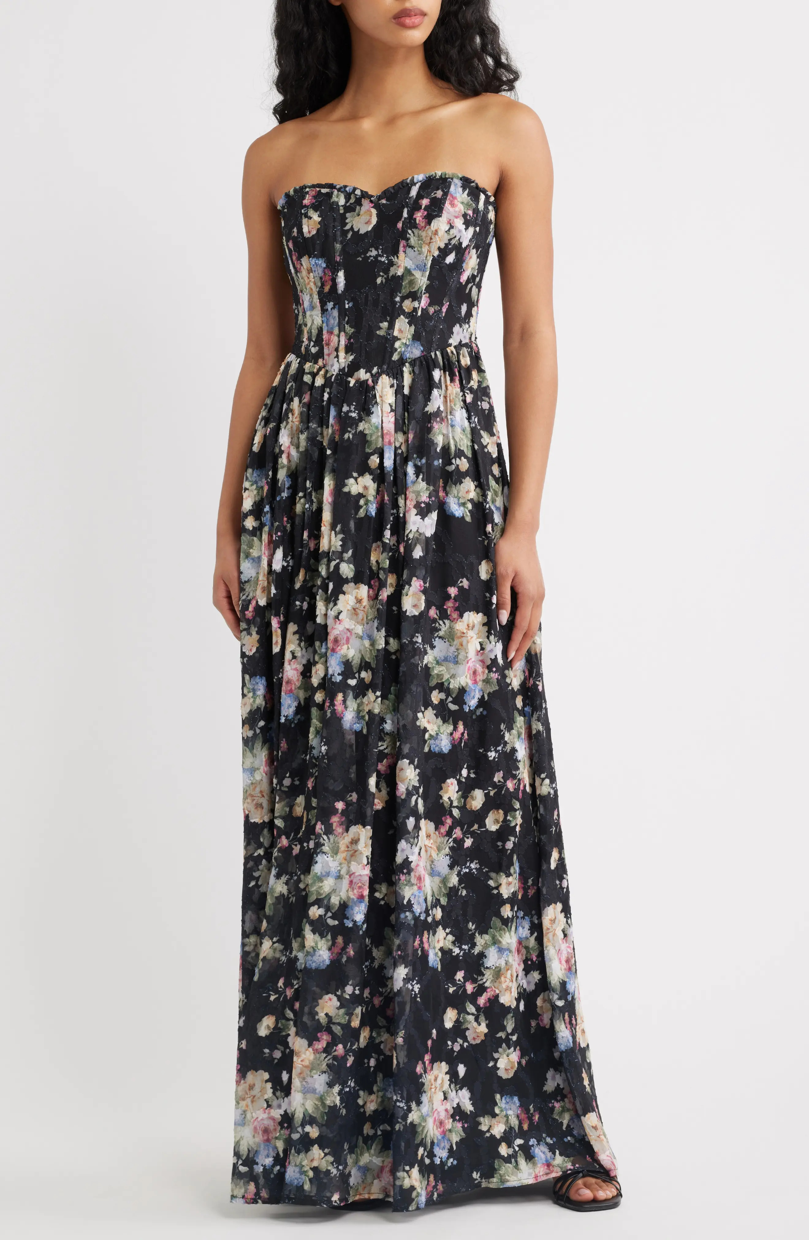Lulus Remi Floral Corset Maxi Gown in Black Multi at Nordstrom, Size Large | Nordstrom