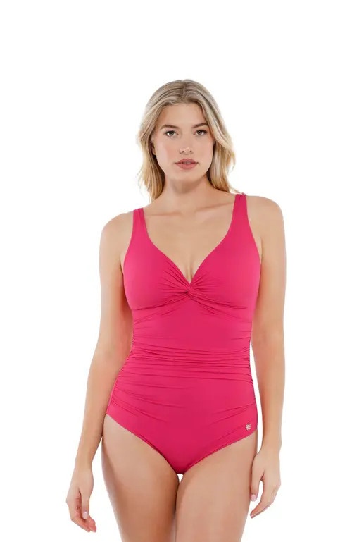 Popilush Shapewear Twist-Front Ruched Sultry Vacation & Pool Party One-Piece Swimsuit in Cerise at Nordstrom, Size Xx-Large | Nordstrom