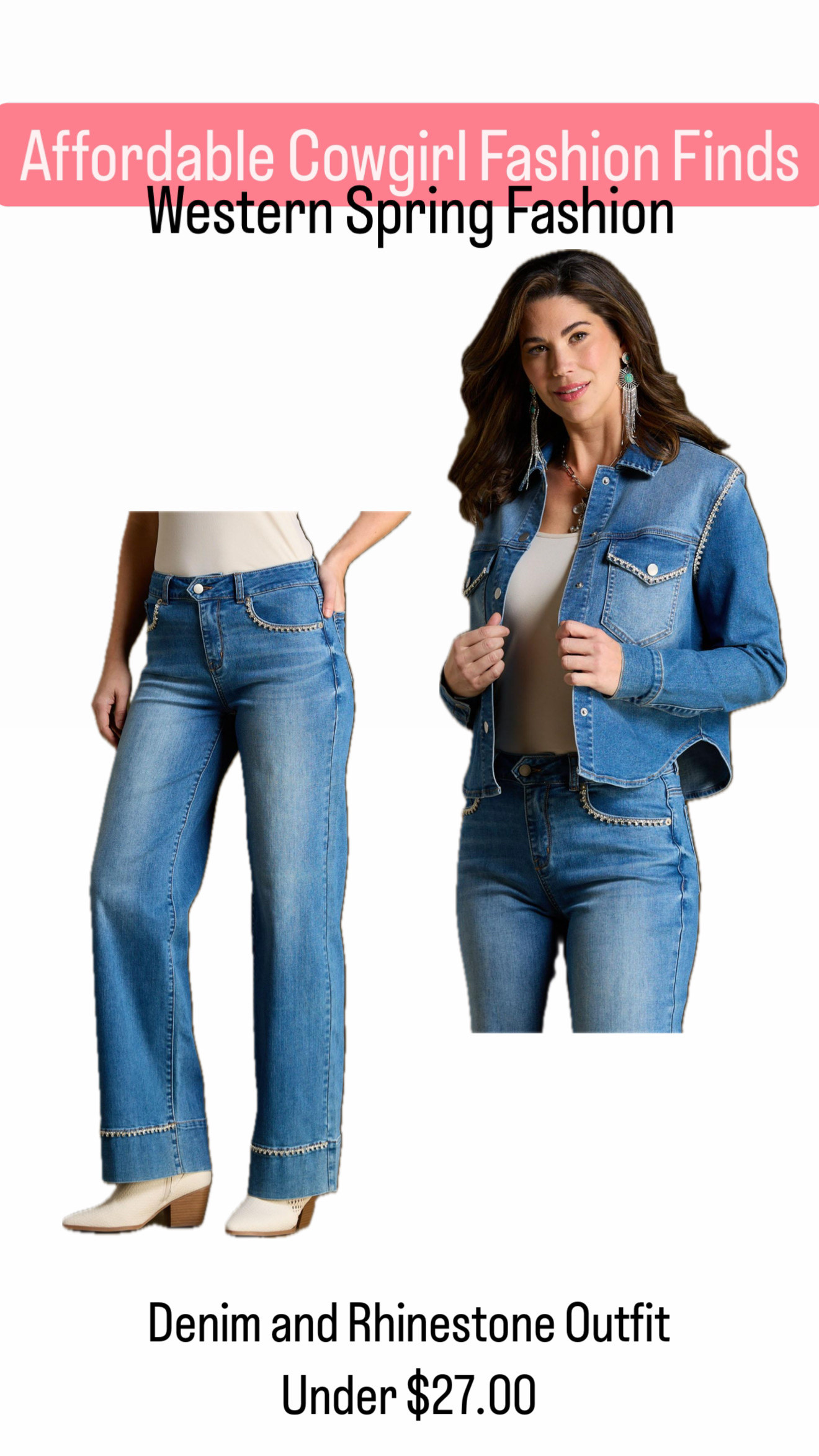 Western spring fashion, affordable western fashion, spring must haves, spring denim, rhinestone denim, denim jacket, denim pants, jeans, western wear, western finds, cowgirl finds, 