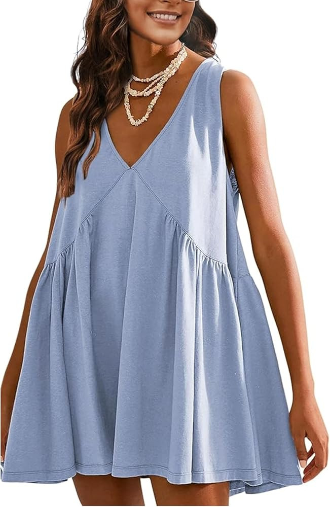 OPCAKM Women's V Neck Sleeveless Mini Dress Loose Summer Pleated Swing Flowy Sundress | Amazon (US)