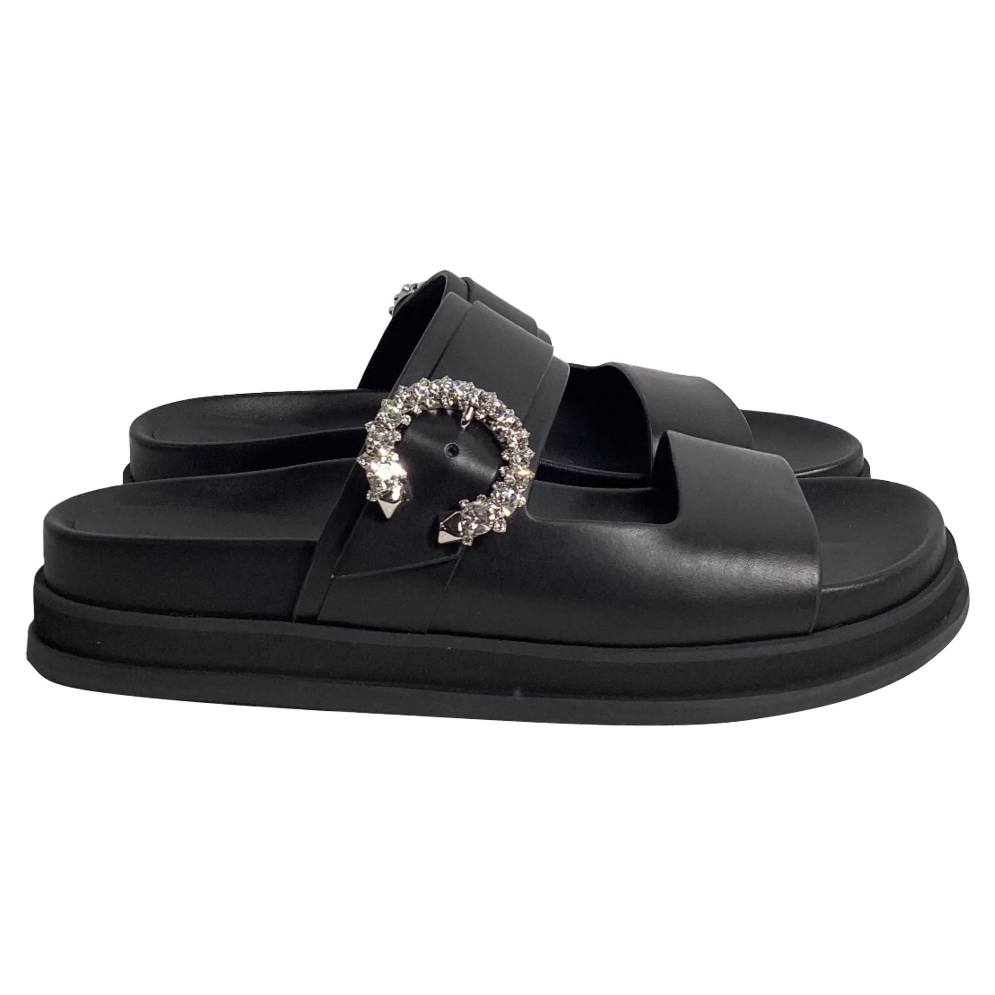 Jimmy Choo Marga Crystal-Buckle Slide Sandals in Black Leather | Shop Simon