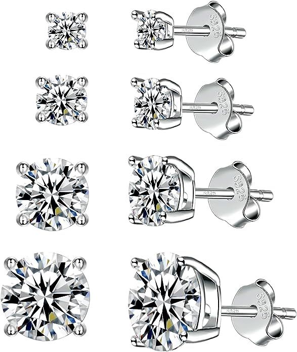 925 Sterling Silver Stud earrings Set | White Gold Plated Hypoallergenic Stud Earrings | Cubic Zi... | Amazon (US)