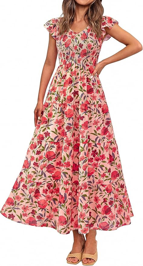 PRETTYGARDEN Women's Summer Flowy Maxi Dress Casual Cap Sleeve V Neck Smocked Beach Sundress | Amazon (US)