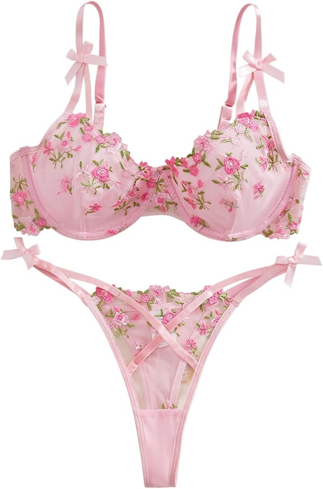 Lilosy Sexy Underwire Cute Push Up Strappy Embroidered Mesh Sheer Lingerie Set See Through Panty ... | Amazon (US)