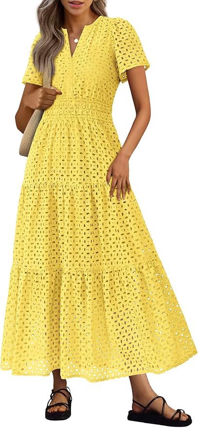 PRETTYGARDEN Womens 2025 Summer Maxi Dress Short Sleeve V Neck Hollow Out Eyelet A Line Long Flow... | Amazon (US)