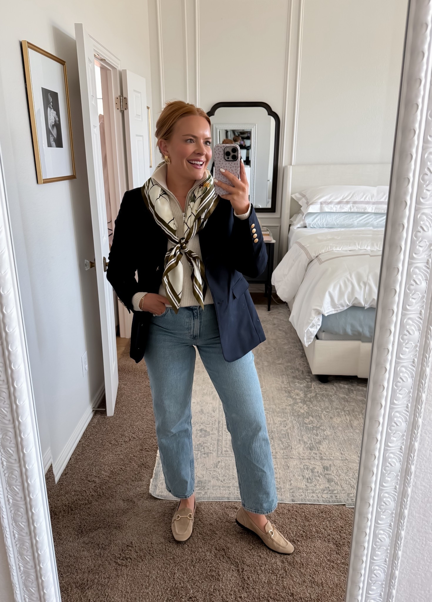 These Abercrombie jeans are hands down my favorite — comfortable, flattering, and easy to style for real life. I reach for them constantly because they work just as well for mom errands as they do for more polished days with a blazer and loafers.

Paired with a classic blazer and scarf, this outfit feels pulled together without feeling stiff. It’s a great option for working moms, casual meetings, or days when you want to look polished but still feel comfortable.

Fit note: I buy my usual size and love the straight-leg shape for everyday wear.

#LTKootd #LTKmomlife #LTKgrwm