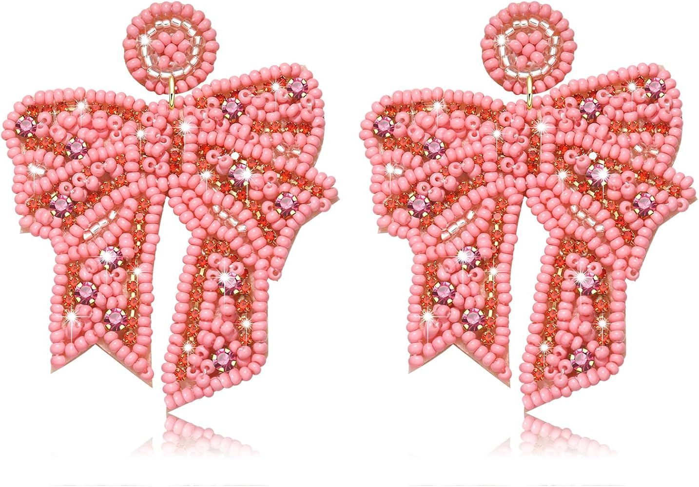 Bow Earrings for Women Pink Beaded Bow Dangly Earrings Lightweight Ribbon Bow Statement Earrings ... | Amazon (US)
