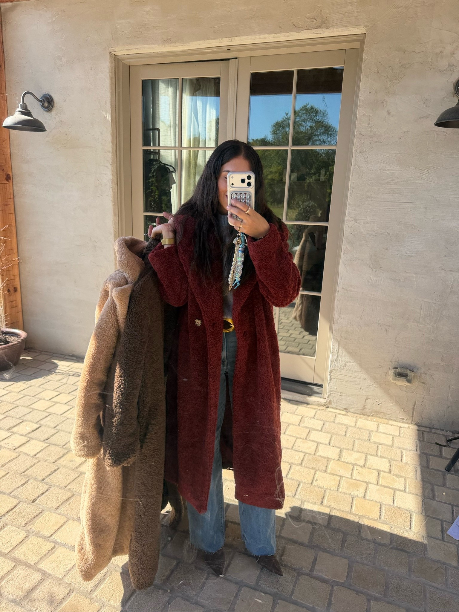 All 3 yulissa Teddy coat colors!! I wore the heck out of the browns last year and I can’t wait to style the burgundy soon🍷 USE CODE DEDE40 to get 40% your order!! 

Coat: medium 
Tank: small
Jeans: 27 

Dressupbuttercup.com #dressupbuttercup #dederaad