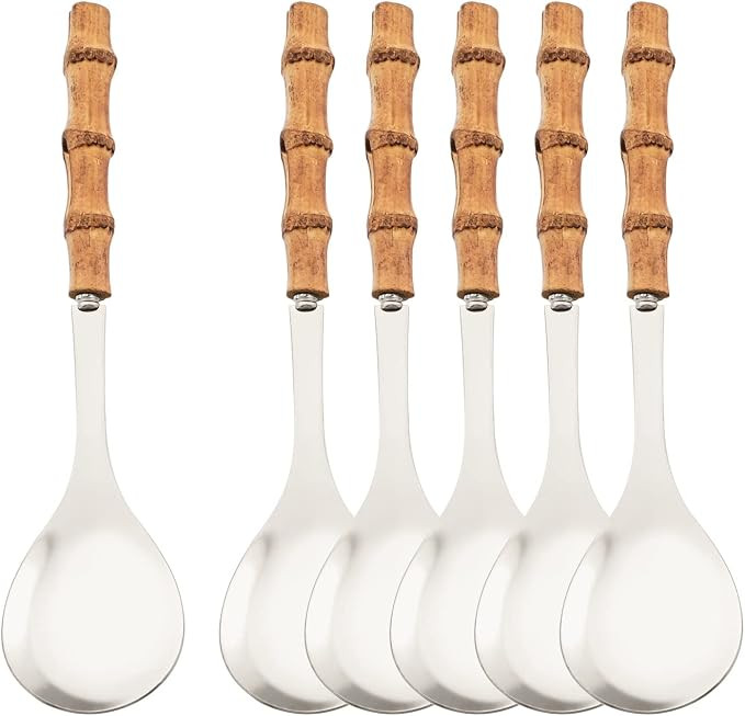 Natural Bamboo Handle Serving Spoons Set of 6, Large Size Stainless Steel Dinner Buffet Catering ... | Amazon (US)