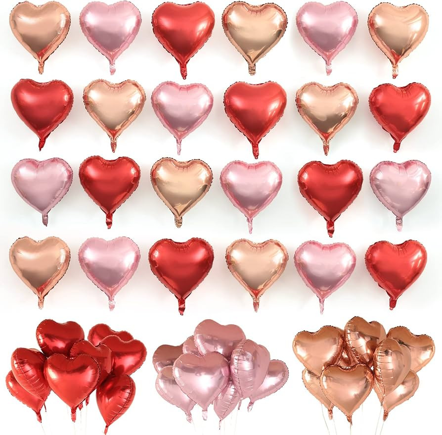Golray 24pcs Heart Foil Balloons Love Red Pink Gold Rose 18 Inch Mylar Balloon for Valentine Day ... | Amazon (US)