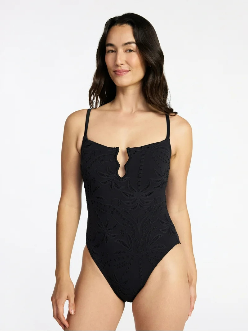 Time and Tru Women's and Women's Plus Size Eyelet Embroidered V Wire One Piece Swimsuit, Sizes XS... | Walmart (US)