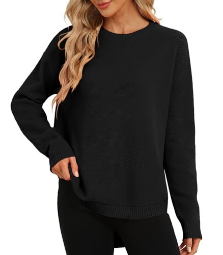 DB MOON Women Crewneck Long Sleeve Knitted Sweater 2025 Loose Fit Soft Solid Pullover Black L | Amazon (US)