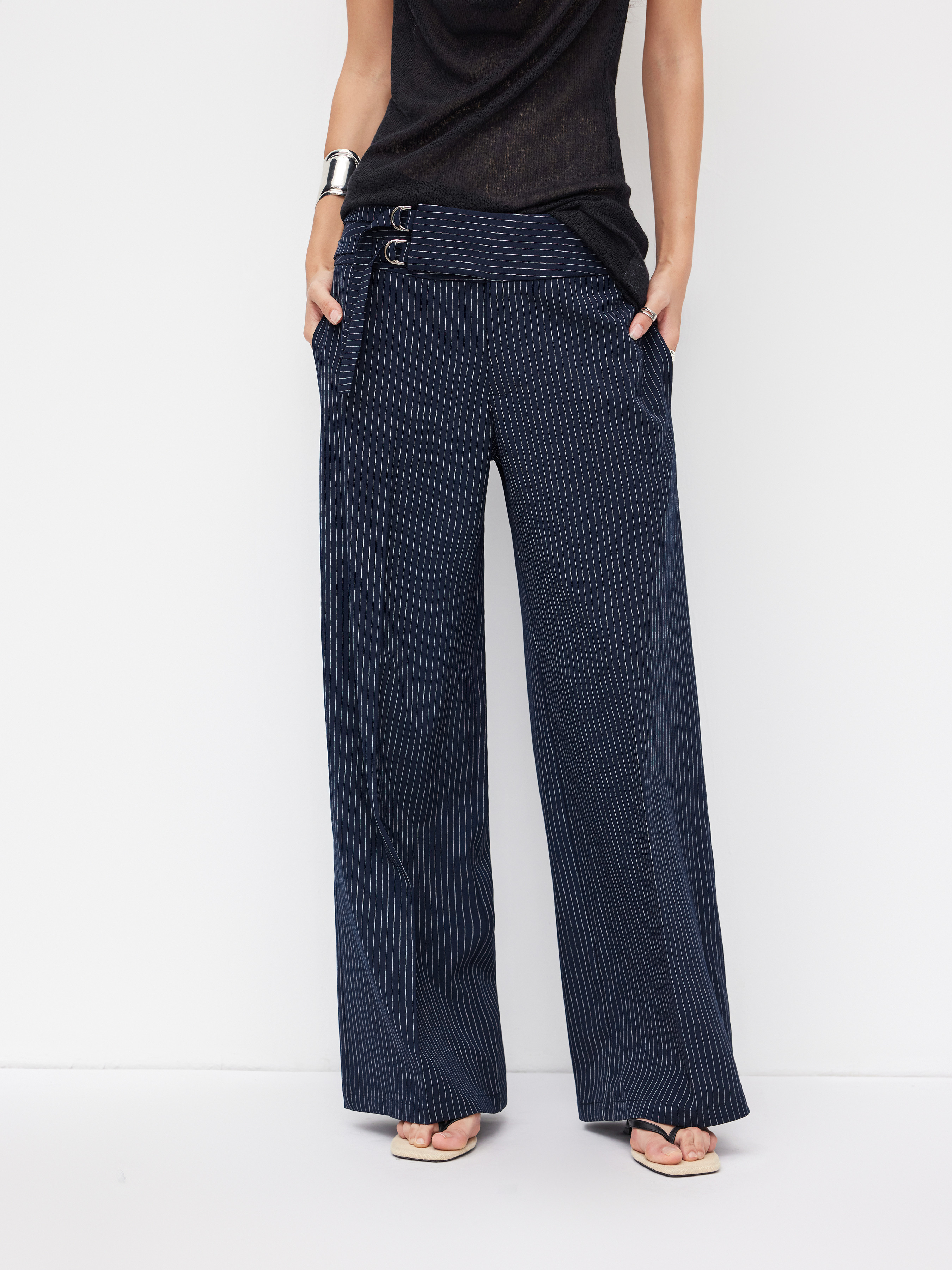 Striped Low Rise Buckle Wide Leg Trousers | Cider