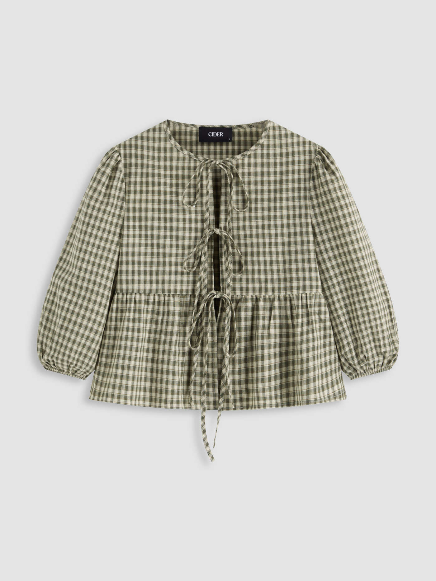 Woven 100% Cotton Round Neckline Gingham Tie Front Long Sleeve Blouse For Vacation | Cider