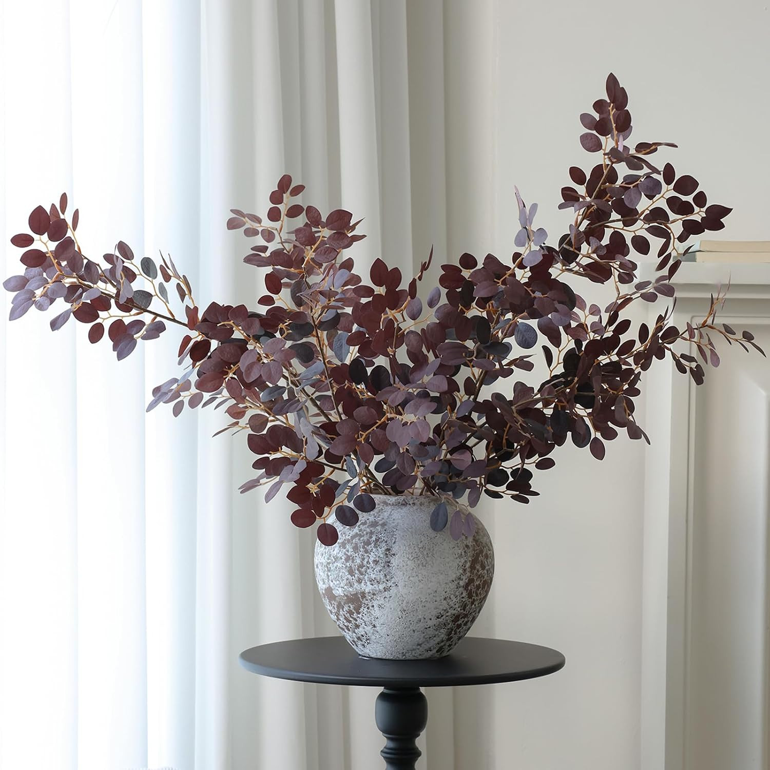 mizii 5Pcs Burgundy Artificial Loropetalum Stems Silk Leaves 38in Fake Green Leaf Plants Stem Branches Faux Greenery Decoration for Centerpieces Vase Table Room Kitchen Indoor Fall Decor (Burgundy) | Amazon (US)