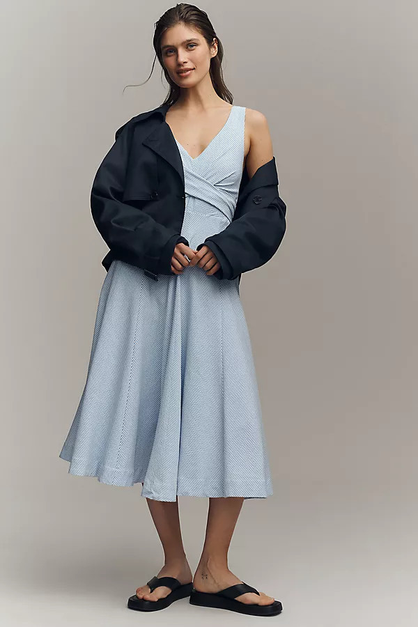 Sleeveless V Neck Seersucker Midi Dress | Anthropologie (US)