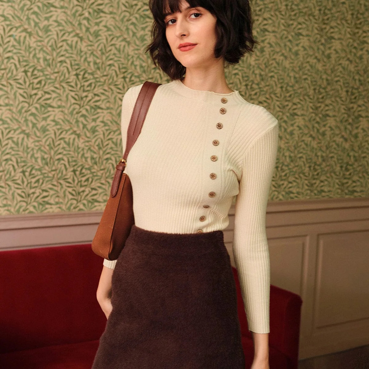 The Beige Mock Neck Ribbed Knit Top & Reviews - Green,Blue,Beige - Tops | RIHOAS | rihoas.com